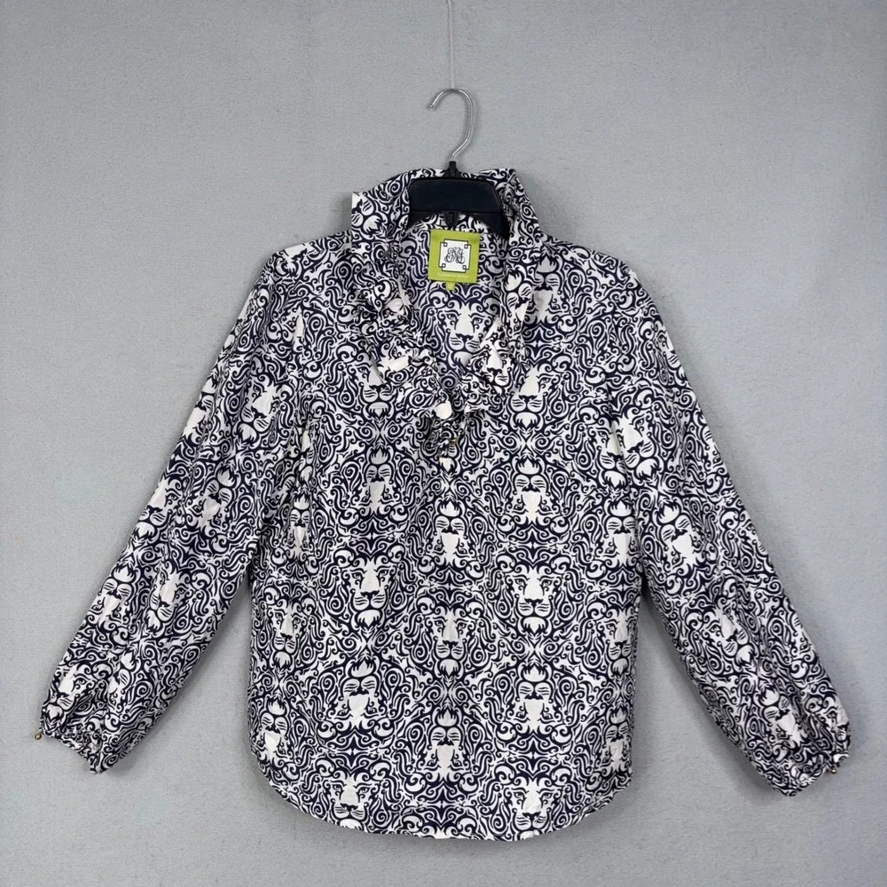 Elizabeth McKay Blouse Womens 12 Navy White Lion Print Silk Ruffle Preppy - Picture 1 of 7
